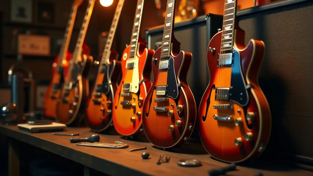 Gibson style guitars propped up against amplifiers awaiting repair at a local guitar repair shop near me