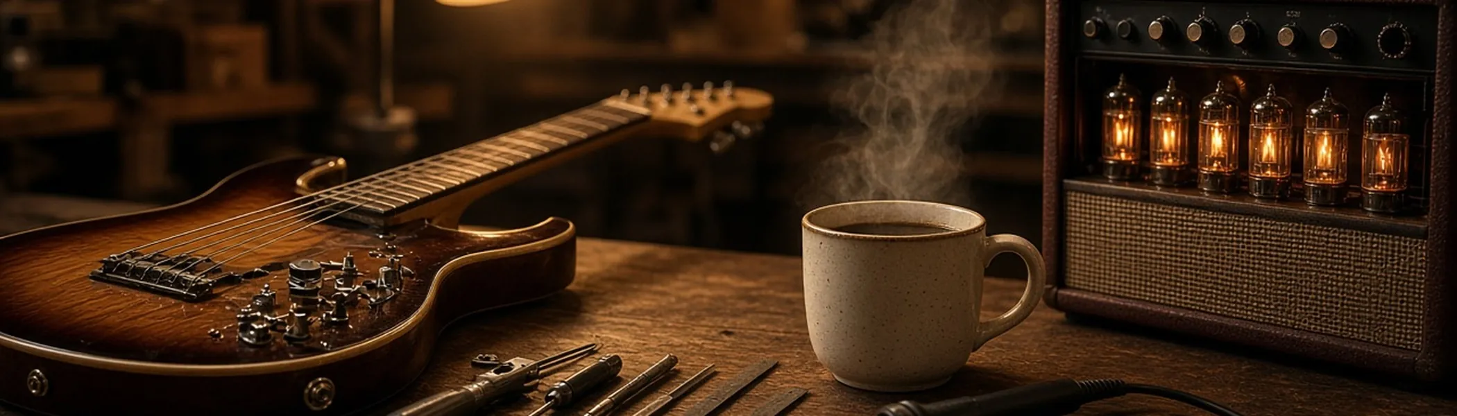 Guitar repair workbench with a tube amp and a cup of coffee