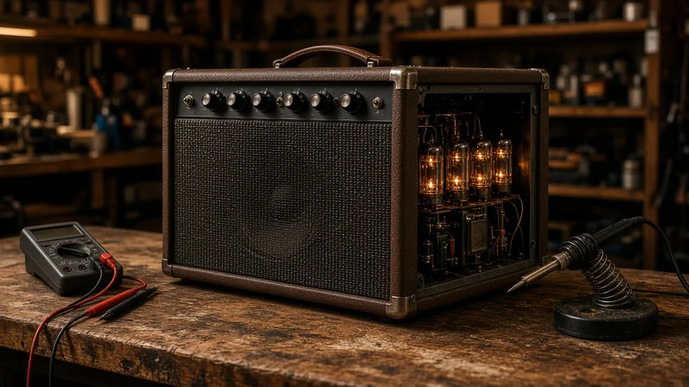 Combo guitar amp with its back open showing glowing tubes, next to a multimeter and soldering iron.