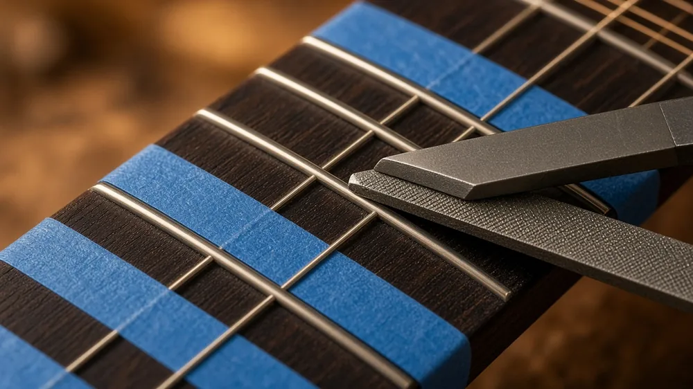 Frets taped off with blue tape on a dark fretboard, with a fret crowning file resting on the frets.