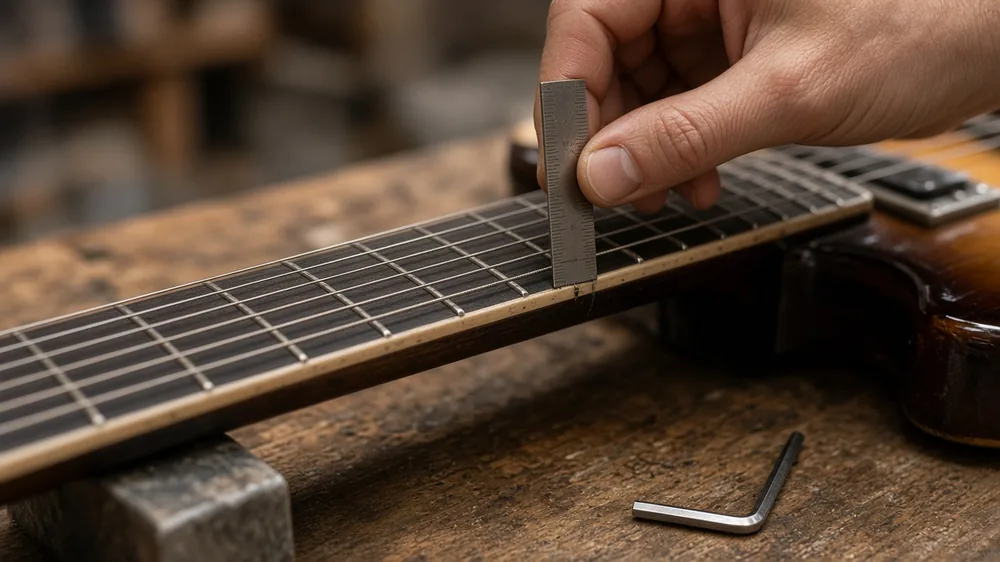 Measuring string height at the 12th fret of an electric guitar with a small steel ruler.